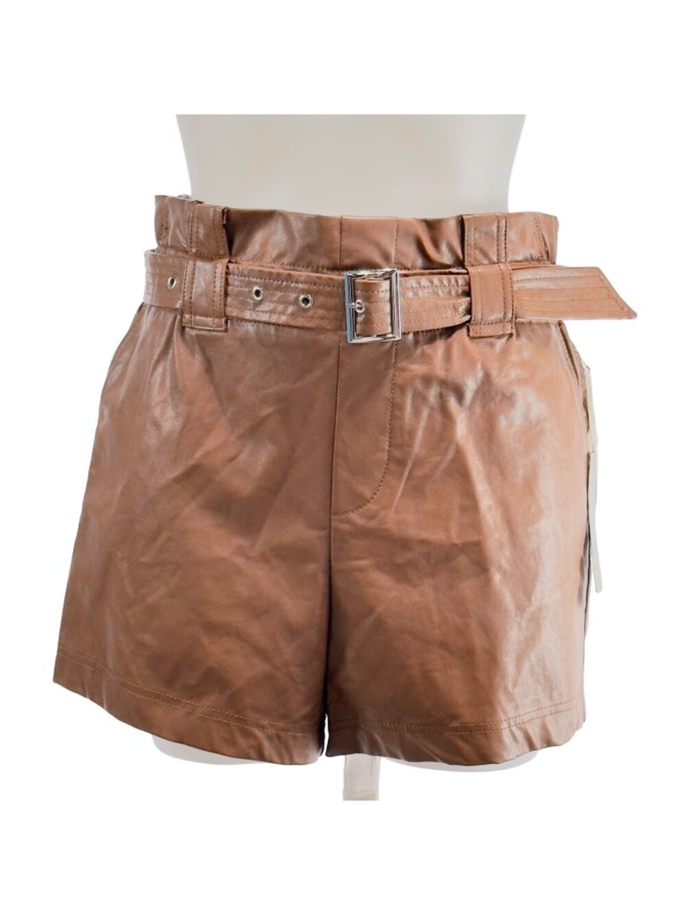 IRIS Women's Shorts Brown Faux Leather Belted High Waist Size M